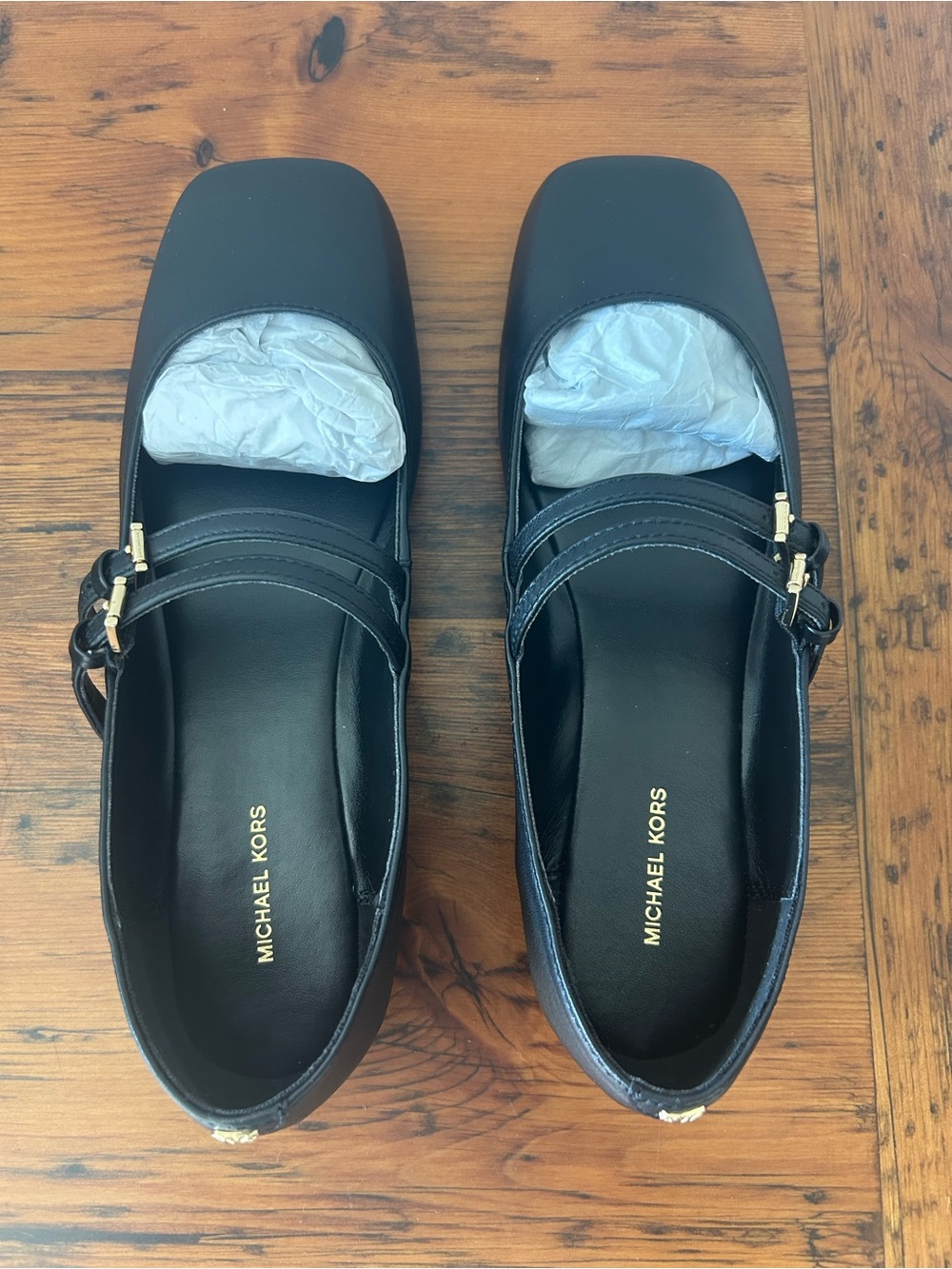 Michael Kors Black Square-Toe Mary Jane Flats with Gold Buckles